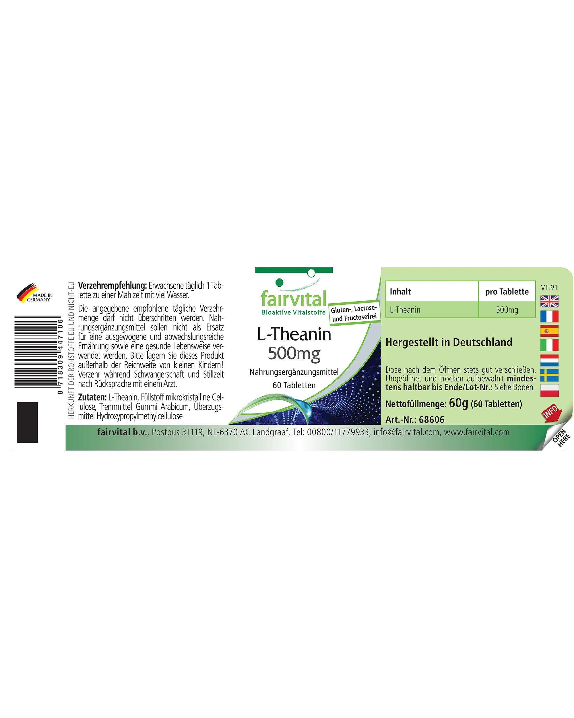 L-Théanine 500mg - 60 comprimés - Acide aminé - Faciles à avaler - Hautement dosée et végane | Fairvital