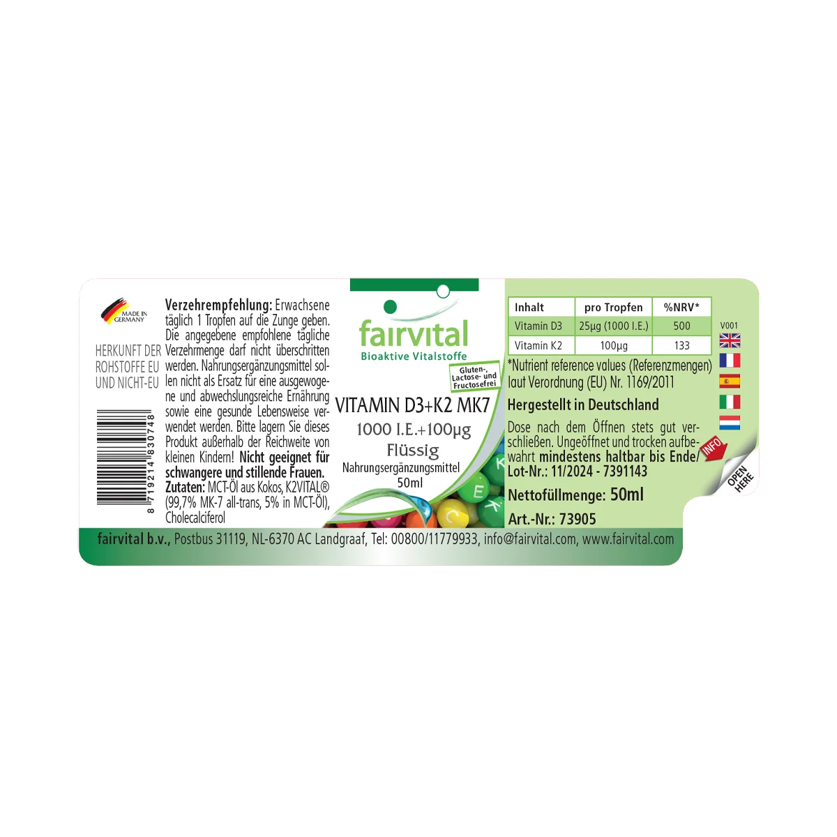 Vitamin D3 + K2 MK7 - 1000 I.E. + 100 μg - 50 ml - für Knochen, Immunsystem uvm. | Fairvital Vitamin D3 + K2 MK7 - 1000 I.E. + 100 μg - 50 ml - für Knochen, Immunsystem uvm. | Fairvital