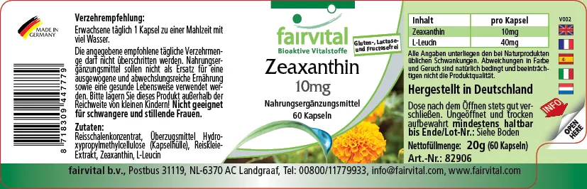 Zeaxanthin 10mg - 60 Kapseln - Hochdosiert und Vegan | Fairvital Zeaxanthin 10mg - 60 Kapseln - Hochdosiert und Vegan | Fairvital