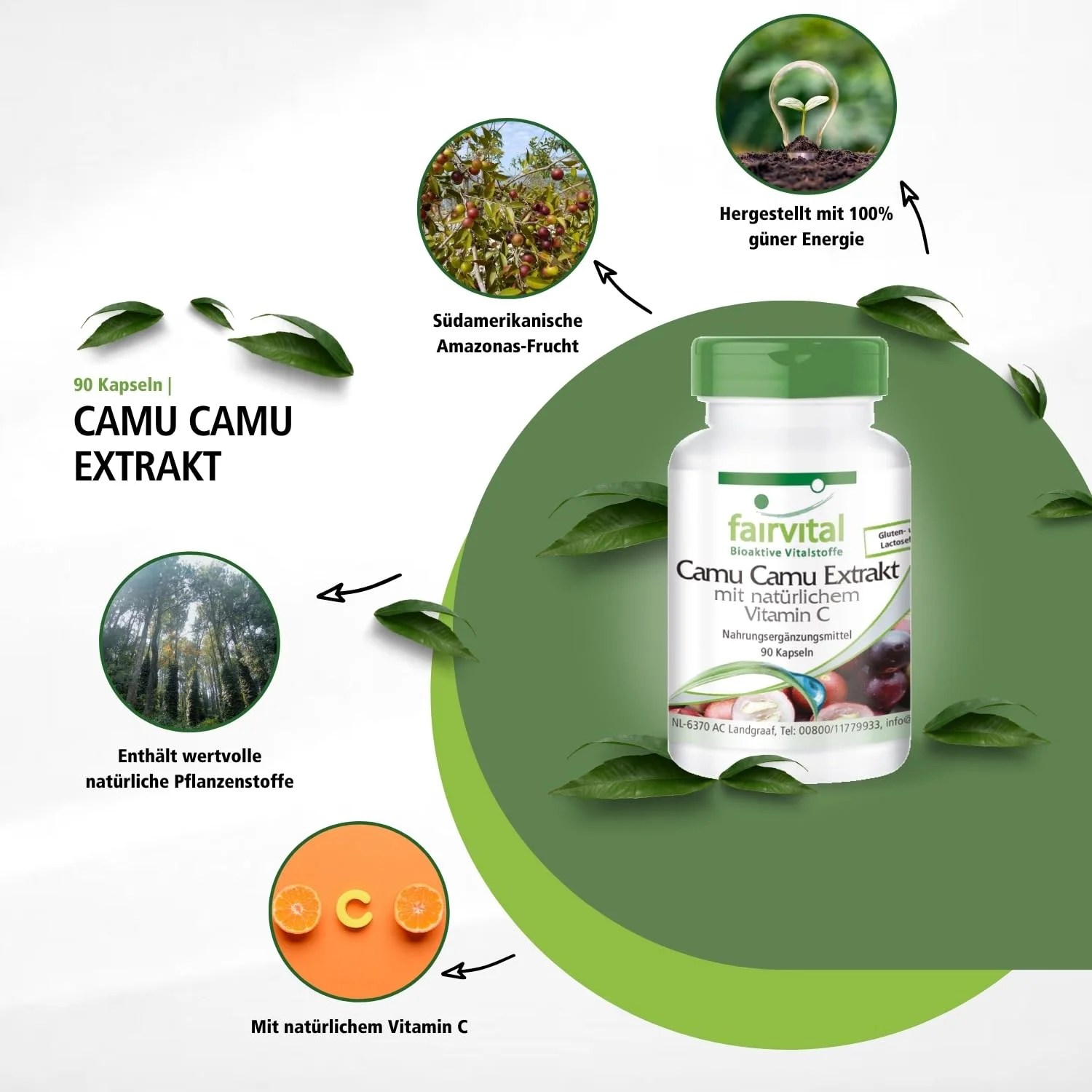Camu Camu Extrakt mit natürlichem Vitamin C - 90 Kapseln - Schluckfreundlich - Für Immunsystem, Kollagenbildung uvm. - 625% abgedeckter Bedarf - Vegan | Fairvital