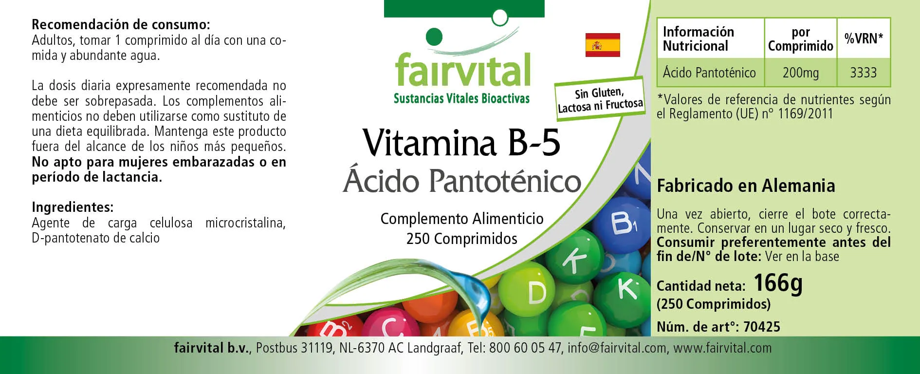 Vitamine B-5 pantotheenzuur 200mg - 250 tabletten