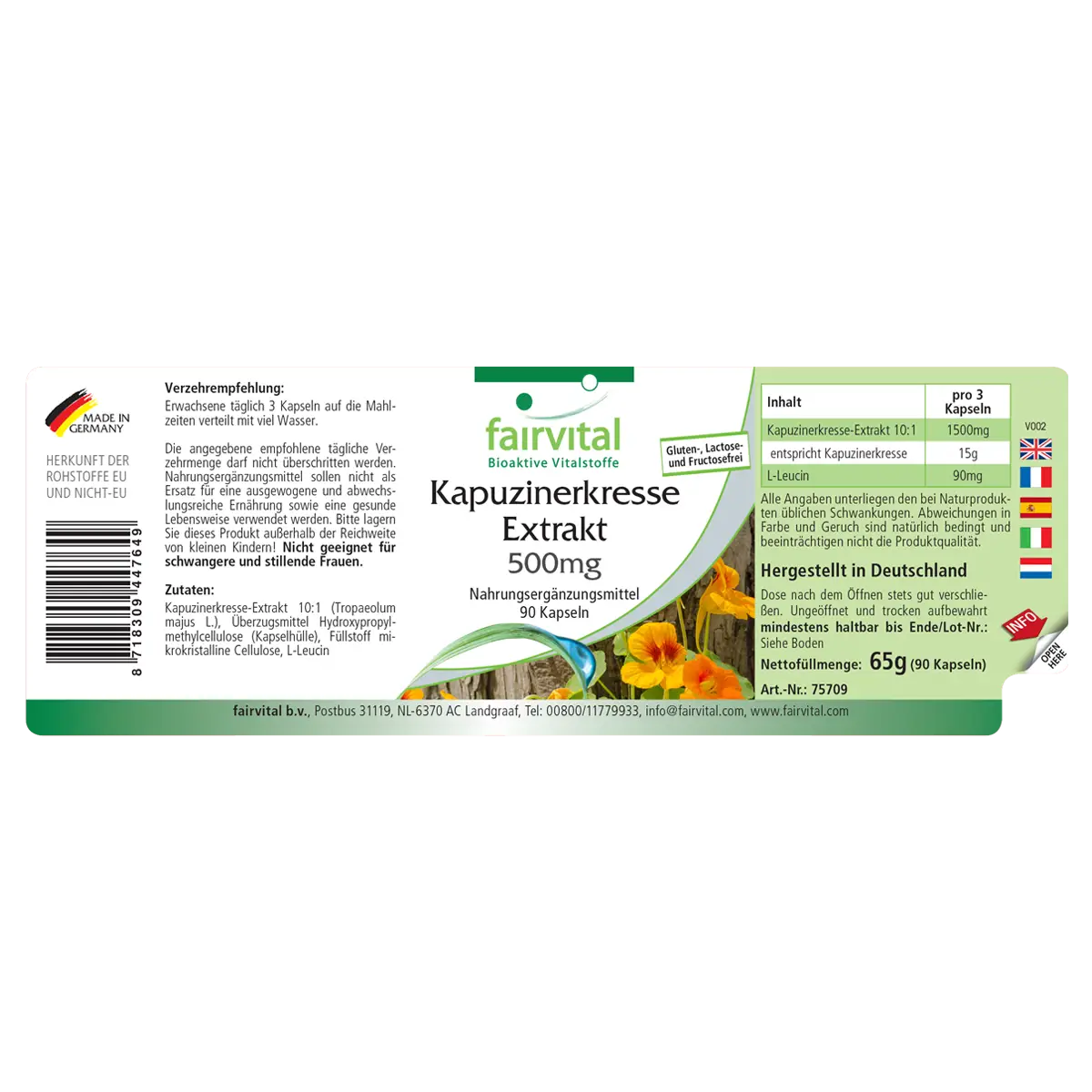 Kapuzinerkresse-Extrakt 500mg - 90 Kapseln - Tropaeolum majus - Vegan | Fairvital Kapuzinerkresse-Extrakt 500mg - 90 Kapseln - Tropaeolum majus - Vegan | Fairvital