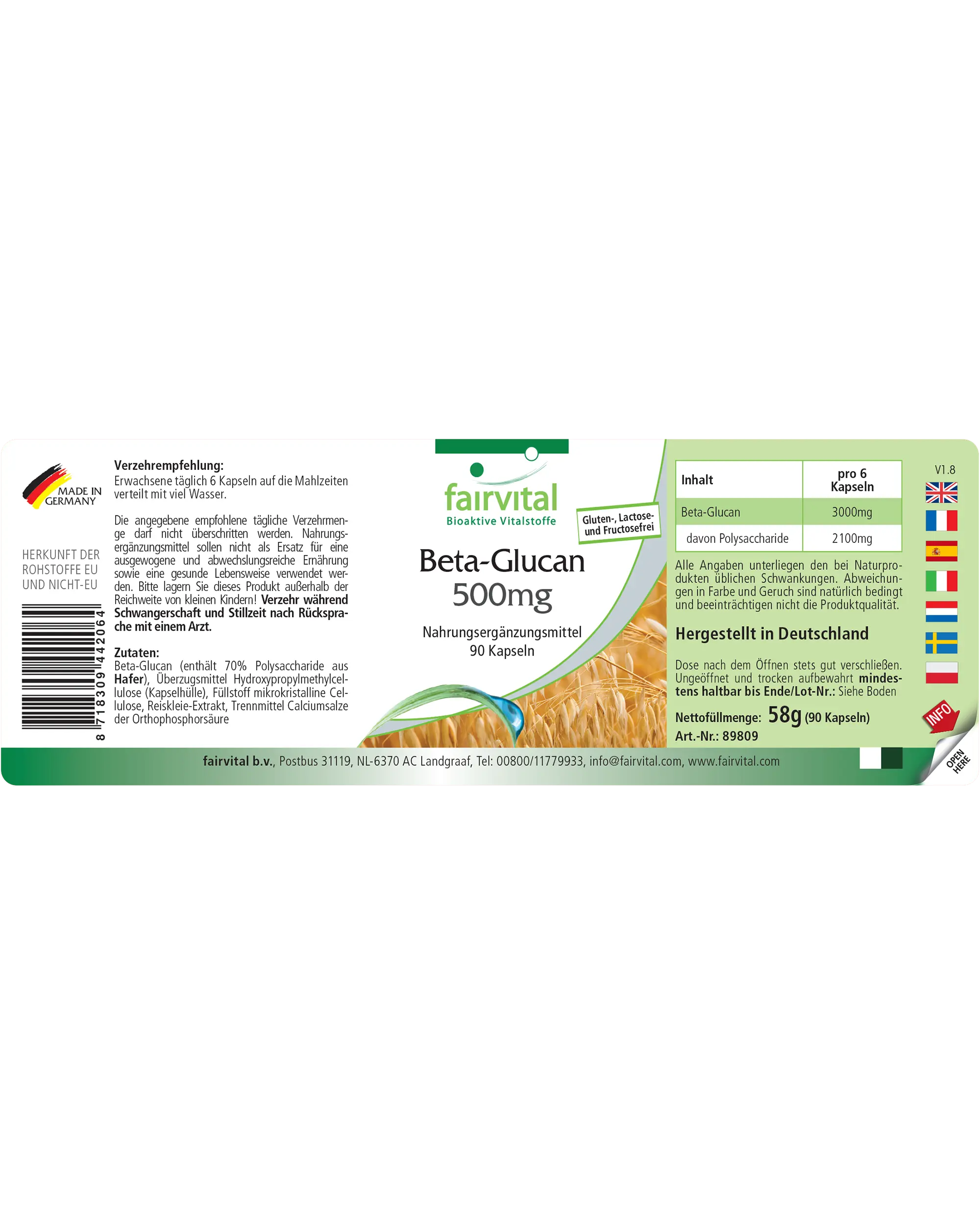 Beta-Glucan 500mg - 90 Kapseln - 70% Polysaccharide aus Hafer - Hochdosiert und Vegan | Fairvital