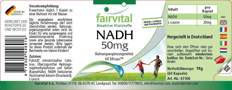 NADH 50mg - 60 DRCaps™ - Coenzym 1 - Hochdosiert und Vegan | Fairvital NADH 50mg - 60 DRCaps™ - Coenzym 1 - Hochdosiert und Vegan | Fairvital