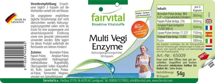 Multi Vegi Enzyme - 90 Kapseln - 100% pflanzlicher Enzymkomplex mit Bromelain, Papain, Lipase, Rutin - Vegan | Fairvital Multi Vegi Enzyme - 90 Kapseln - 100% pflanzlicher Enzymkomplex mit Bromelain, Papain, Lipase, Rutin - Vegan | Fairvital