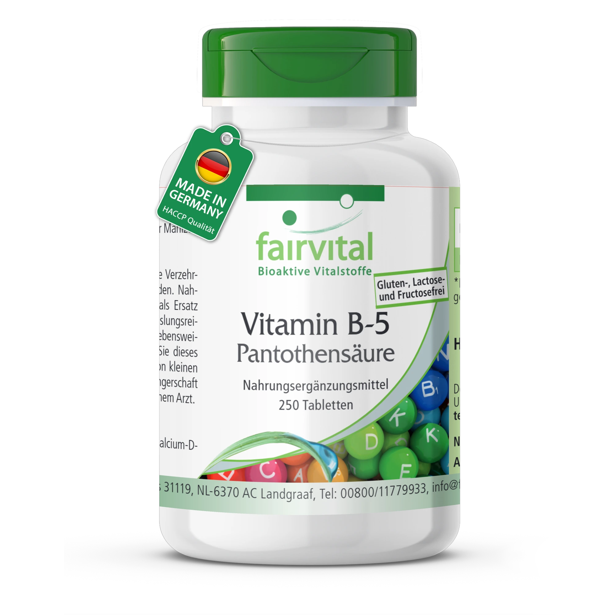Vitamin B-5 Pantothensäure - 250 Tabletten - Schluckfreundlich - Für geistige Leistung, Energiestoffwechsel uvm. - Hochdosiert und Vegan | Fairvital