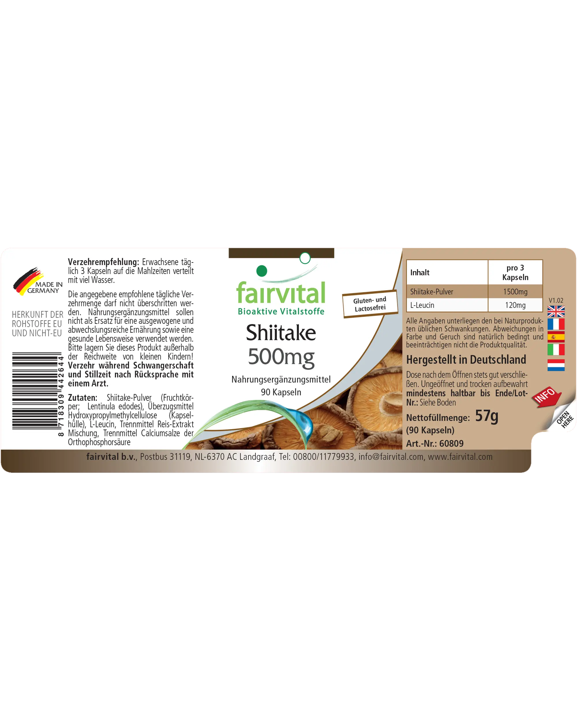 Shiitake 500mg - 90 Kapseln - Lentinula edodes - Hochdosiert und Vegan | Fairvital