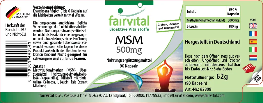 MSM 500mg - 90 Kapseln - Methylsulfonylmethan - Hochdosiert und Vegan | Fairvital MSM 500mg - 90 Kapseln - Methylsulfonylmethan - Hochdosiert und Vegan | Fairvital