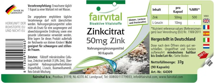 Zinc citrate containing 50mg zinc - 90 capsules