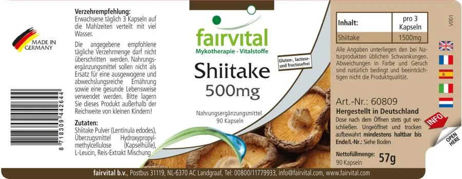 Shiitake 500mg - 90 Kapseln - Lentinula edodes - Hochdosiert und Vegan | Fairvital Shiitake 500mg - 90 Kapseln - Lentinula edodes - Hochdosiert und Vegan | Fairvital