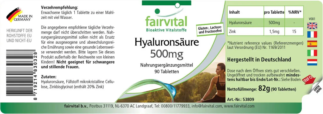 Hyaluronsäure 500mg - 90 Tabletten - mit Zink - für Sehkraft, Immunsystem uvm. - Vegan | Fairvital Hyaluronsäure 500mg - 90 Tabletten - mit Zink - für Sehkraft, Immunsystem uvm. - Vegan | Fairvital