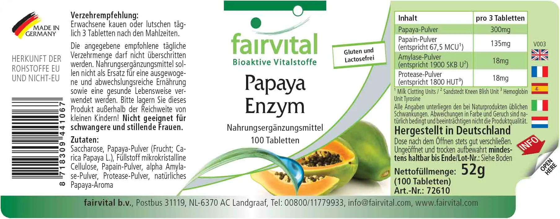 Papaya Enzym - 100 Tabletten - mit Papain, Amylase und Protease - Hochdosiert und Vegan | Fairvital Papaya Enzym - 100 Tabletten - mit Papain, Amylase und Protease - Hochdosiert und Vegan | Fairvital