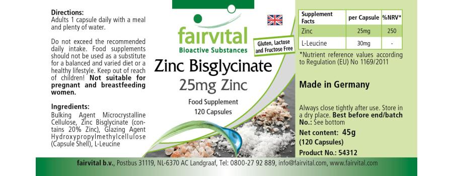 Bisglycinate de zinc avec 25mg de zinc - 120 gélules