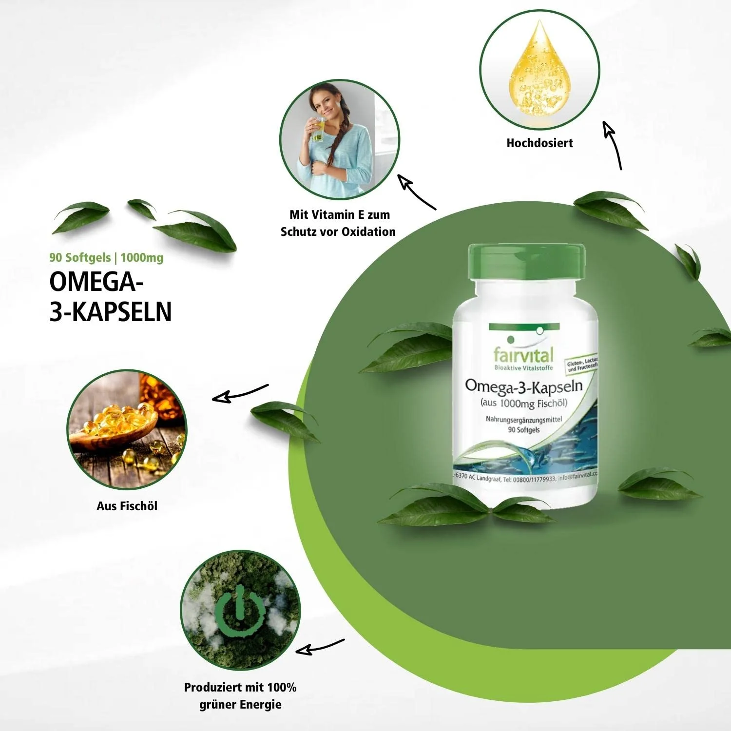 Omega-3-Kapseln aus 500mg Fischöl - 90 Softgels - Schluckfreundlich - Für Blutdruck; Herz und Zellschutz | Fairvital