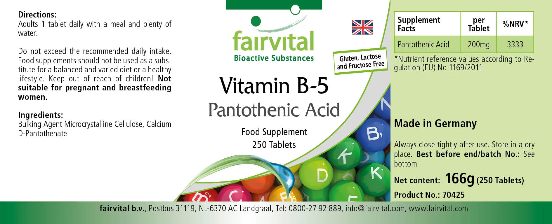 Vitamin B-5 pantothenic acid 200mg – 250 tablets