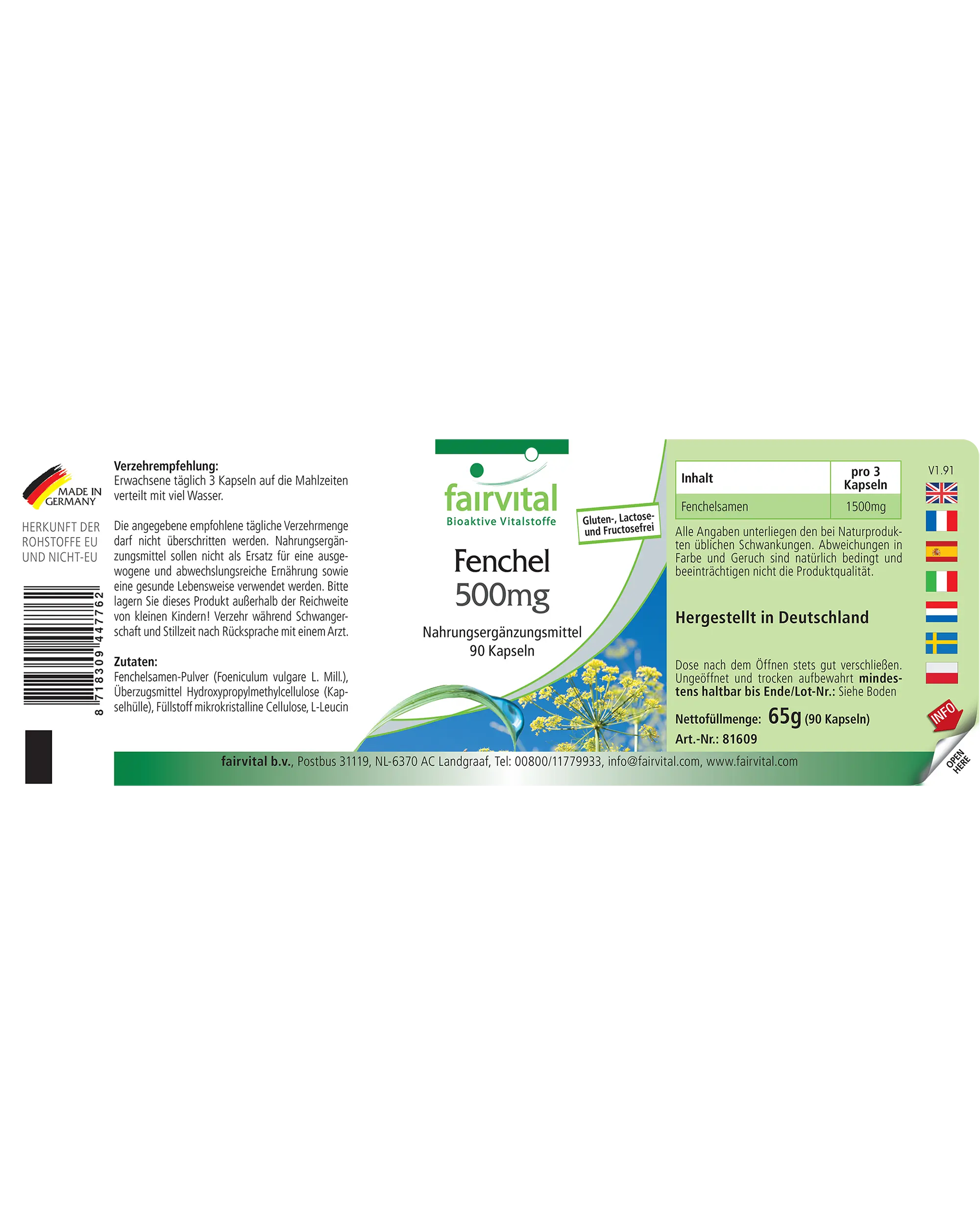 Fenchel 500mg - 90 Kapseln - Foeniculum vulgare Miller - Vegan | Fairvital