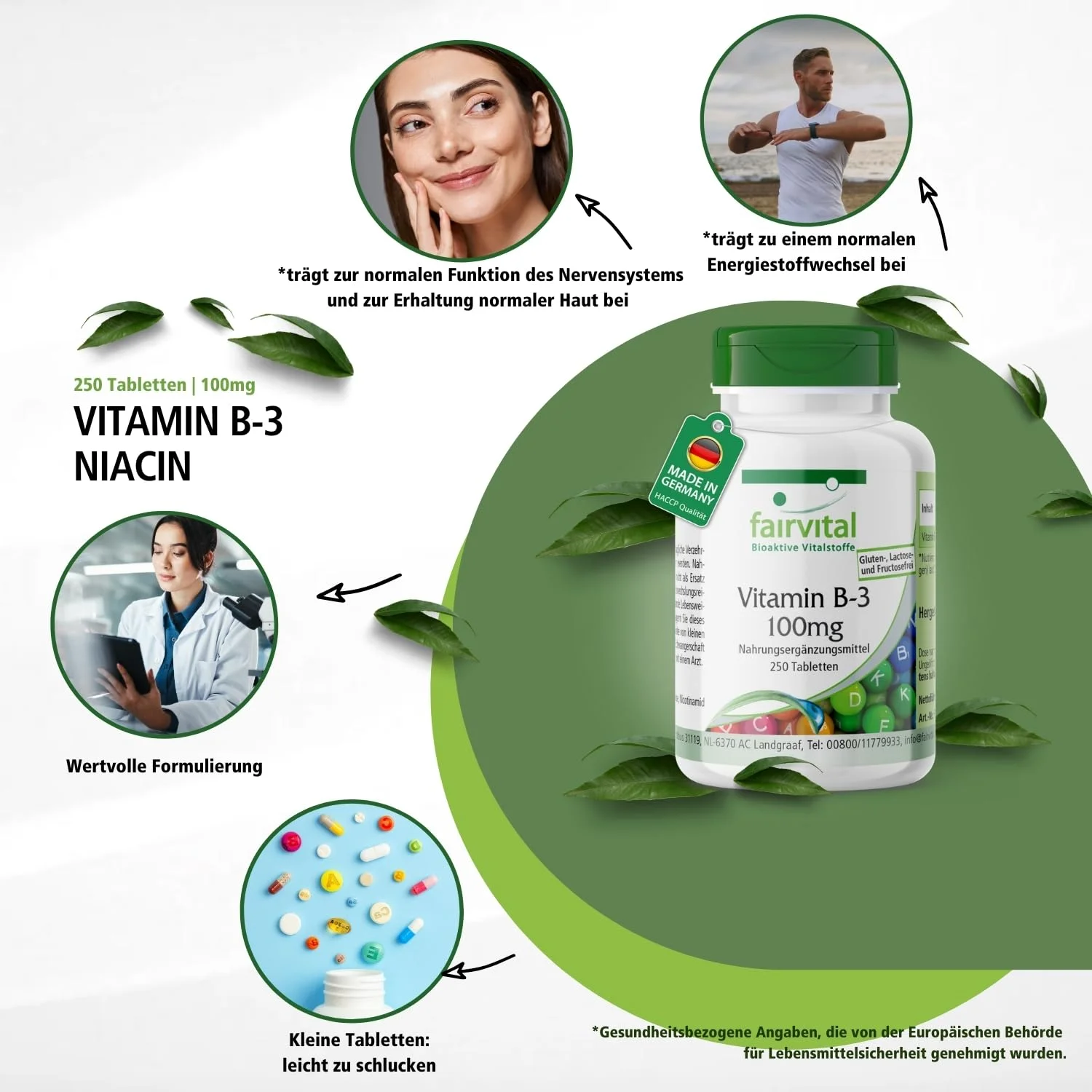 Vitamin B-3 Niacin 100mg - 250 Tabletten - Schluckfreundlich - Für Haut; Psyche; Nervensystem uvm. - Vegan | Fairvital