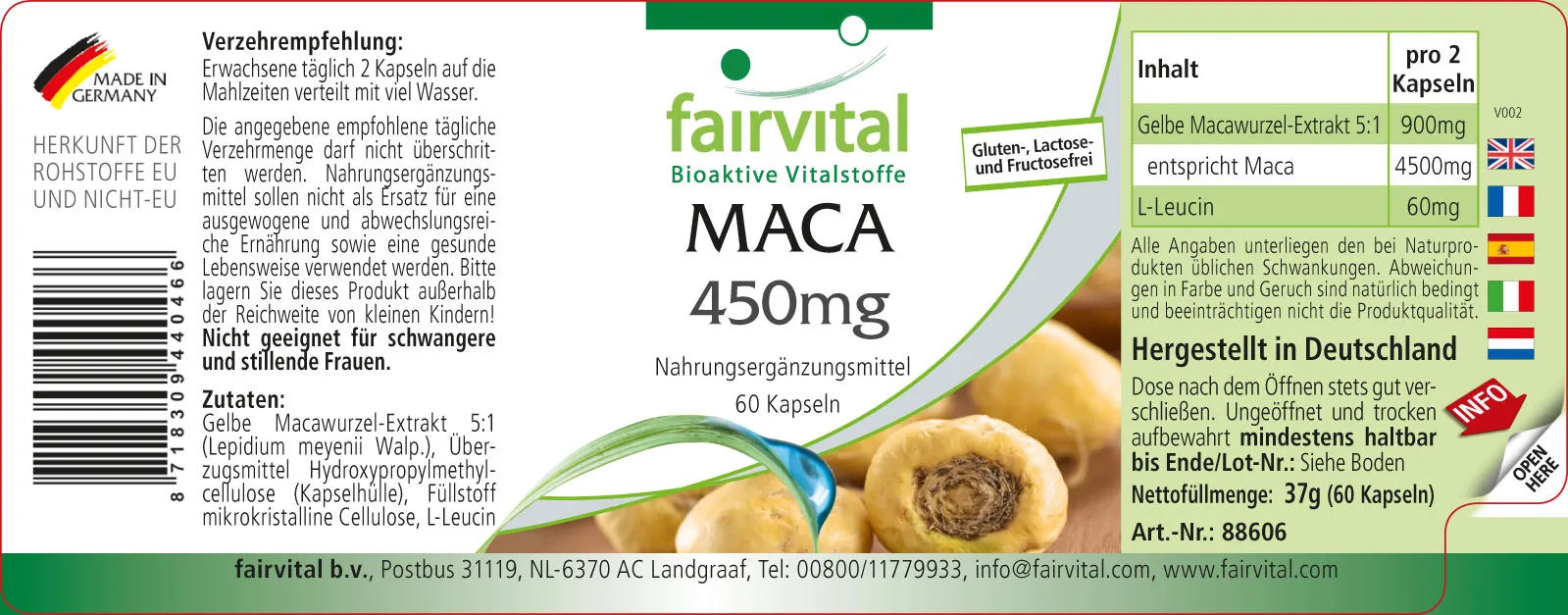 MACA 450mg - 60 Kapseln - 4-fach konzentrierter Wurzelextrakt - Hochdosiert und Vegan | Fairvital MACA 450mg - 60 Kapseln - 4-fach konzentrierter Wurzelextrakt - Hochdosiert und Vegan | Fairvital