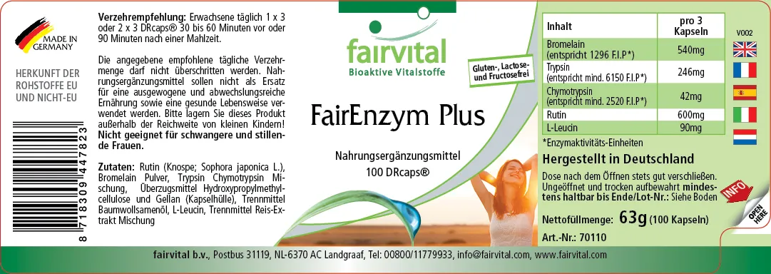 FairEnzym Plus - 100 DRCaps™ - Multi Enzym Komplex - mit Rutosid, Bromelain, Trypsin & Chymotrypsin - Hochdosiert | Fairvital FairEnzym Plus - 100 DRCaps™ - Multi Enzym Komplex - mit Rutosid, Bromelain, Trypsin & Chymotrypsin - Hochdosiert | Fairvital