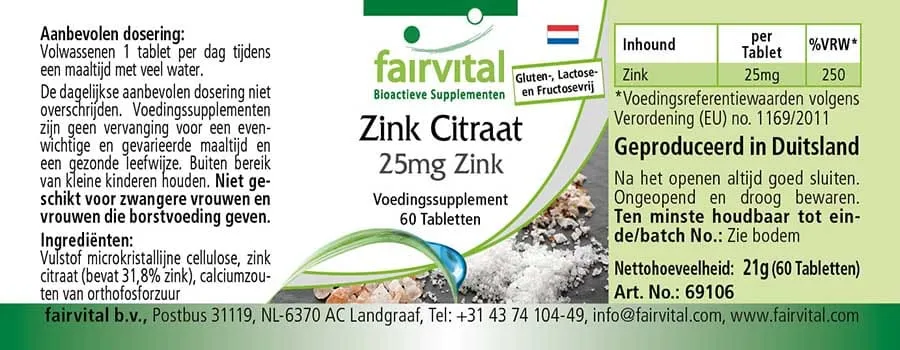Zinc citrate containing 25mg zinc - 60 tablets