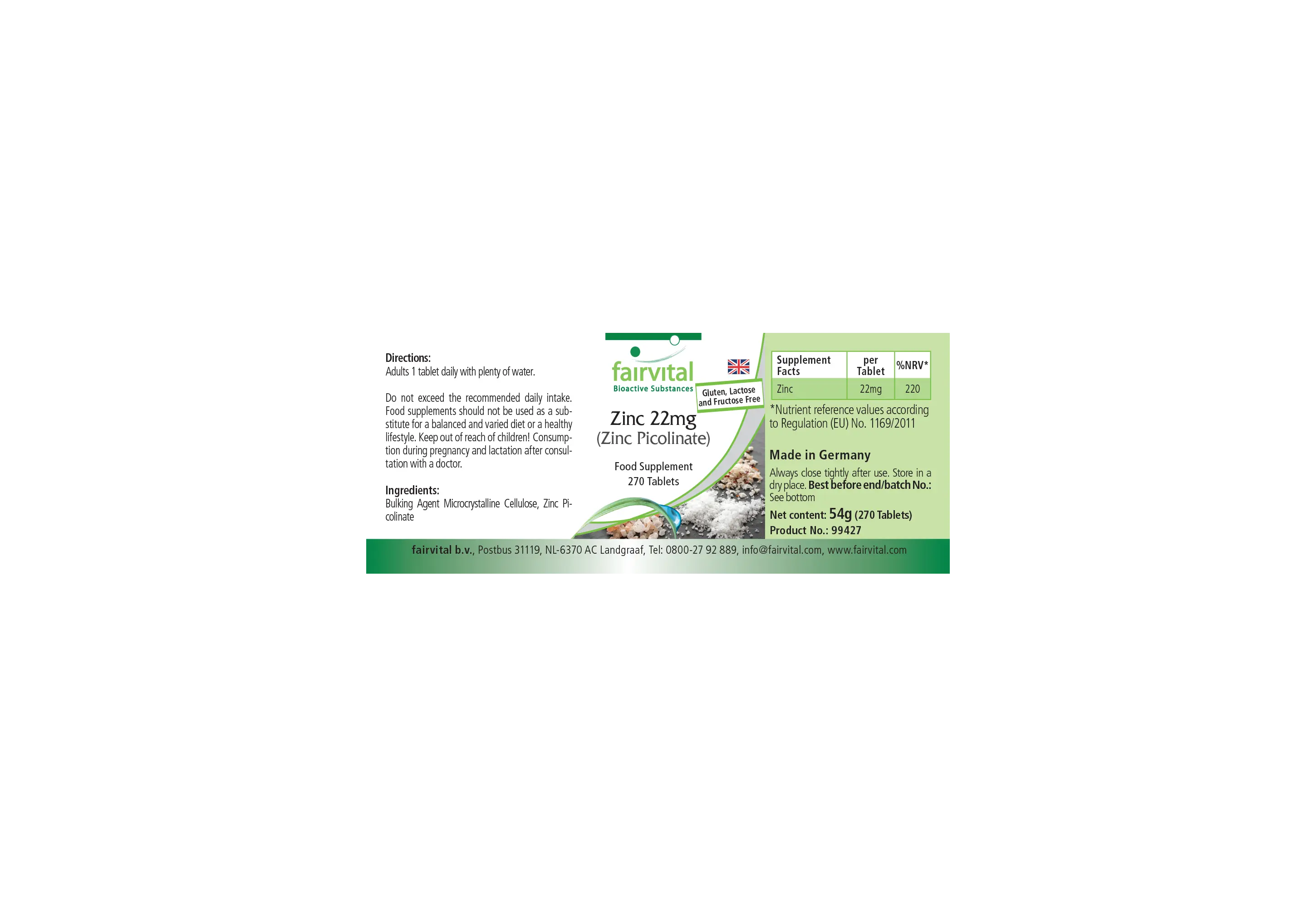 Zink 22mg (Zinkpicolinat) - 270 Tabletten - über 100% Bedarfsabdeckung - für Haut, Sehkraft, Knochen uvm. - vegan | Fairvital
