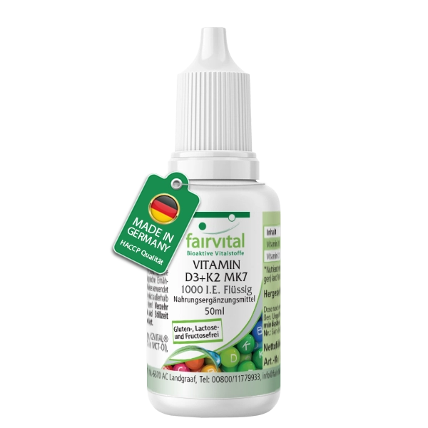 Vitamin D3 + K2 MK7 - 1000 I.E. + 100 μg - 50 ml - für Knochen, Immunsystem uvm. | Fairvital