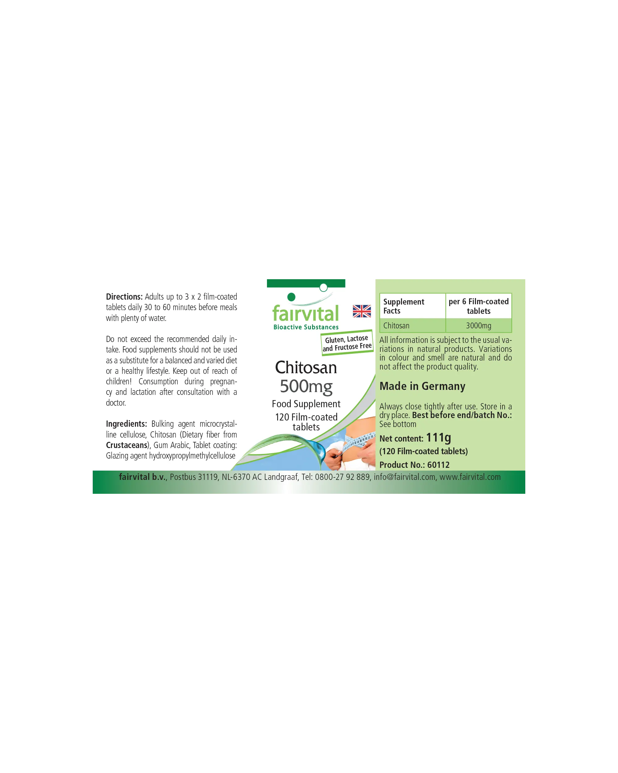 Chitosan 500mg - 120 filmomhulde tabletten - 3000mg per dagelijkse dosering - natuurlijke vezel - hoge dosering - gemakkelijk door te slikken | Fairvital