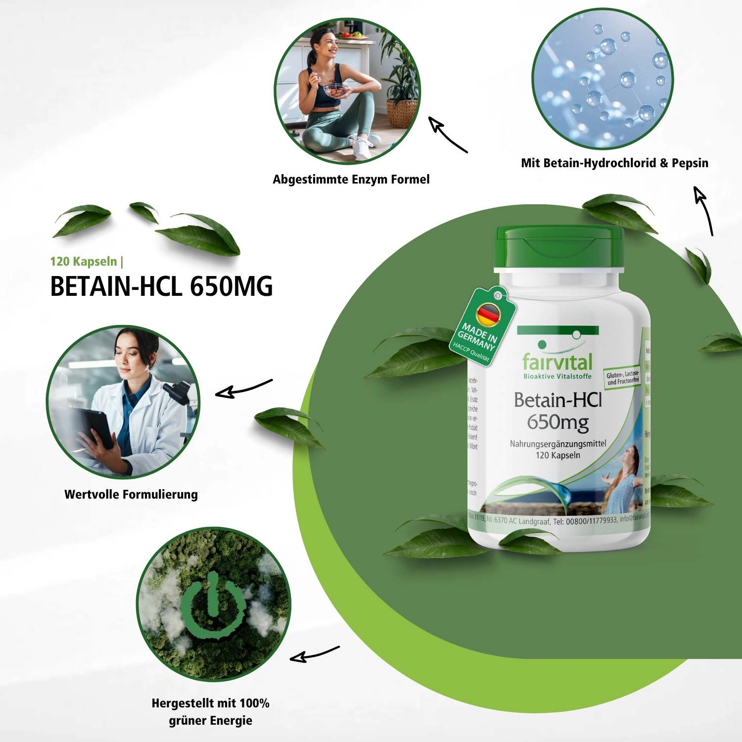 Betain-HCl 650mg - 120 Kapseln - mit Pepsin | Fairvital