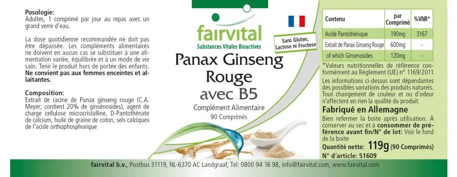 Panax Ginseng Rouge avec B5 - 90 comprimés