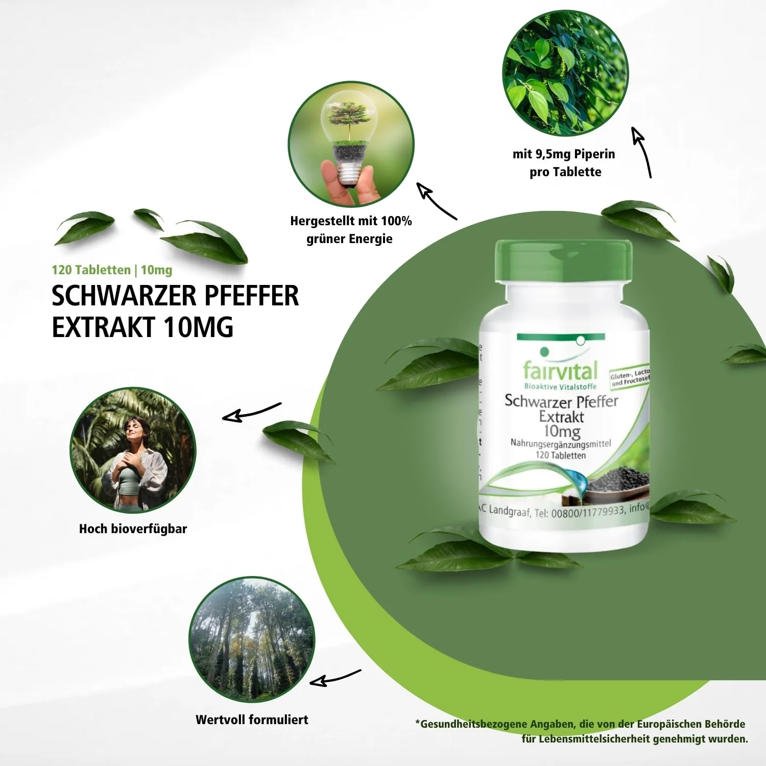 Schwarzer Pfeffer Extrakt 10mg - 120 Tabletten - Schluckfreundlich - 95% Piperin - Vegan | Fairvital