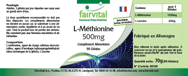 L-Methionin 500mg - 90 Kapseln - Vegan | Fairvital L-Methionin 500mg - 90 Kapseln - Vegan | Fairvital