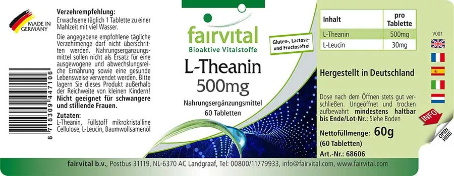 L-Theanin 500mg - 60 Tabletten - Aminosäure - Hochdosiert und Vegan | Fairvital L-Theanin 500mg - 60 Tabletten - Aminosäure - Hochdosiert und Vegan | Fairvital