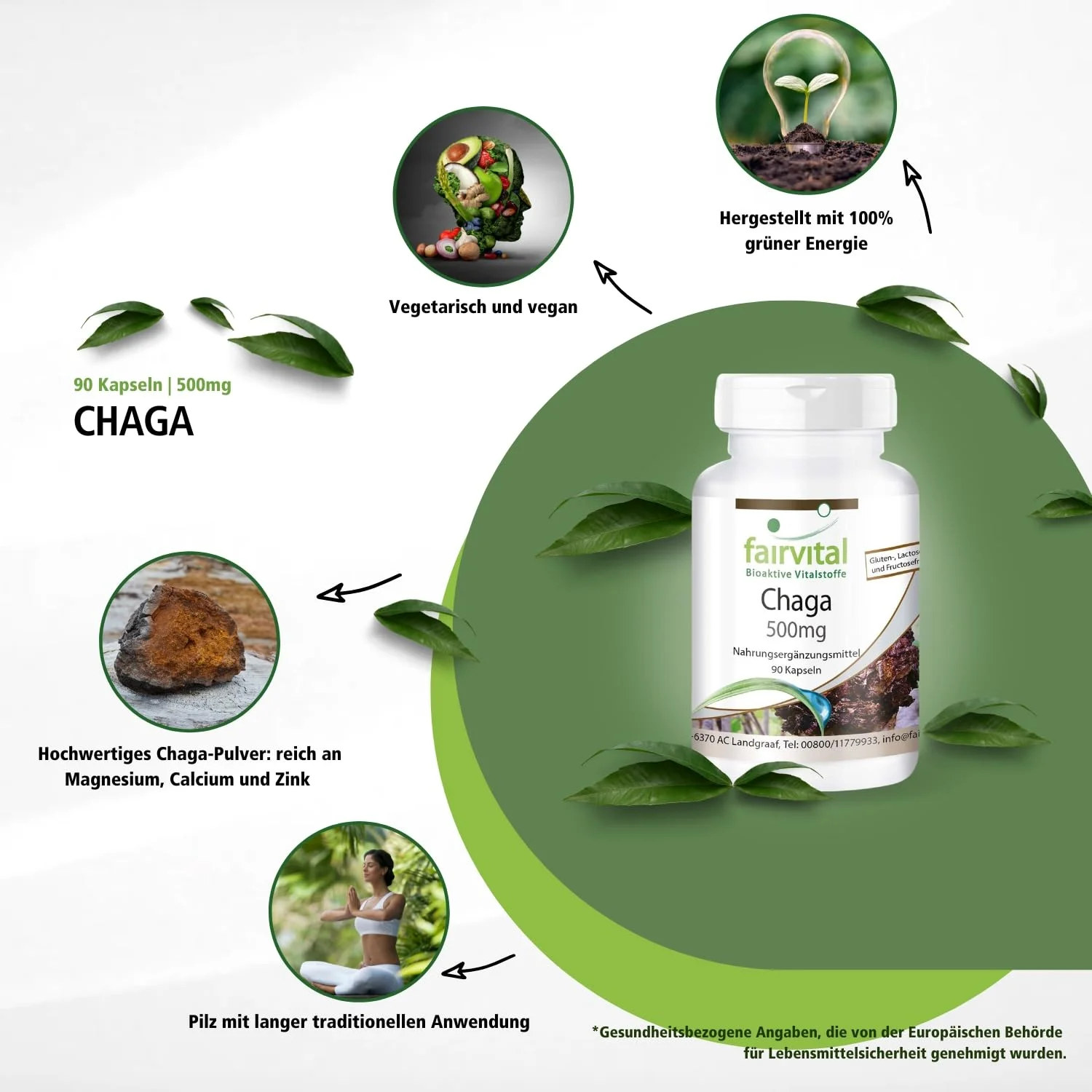 Chaga 500mg - 90 Kapseln - Schluckfreundlich - Inonotus obliquus - Hochdosiert und Vegan | Fairvital
