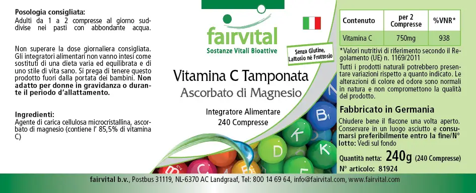 Vitamina C prensada Ascorbato de Magnesio - 240 comprimidos