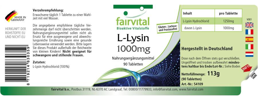 L-Lysin 1000mg - 90 Tabletten - Hochdosiert und Vegan | Fairvital L-Lysin 1000mg - 90 Tabletten - Hochdosiert und Vegan | Fairvital