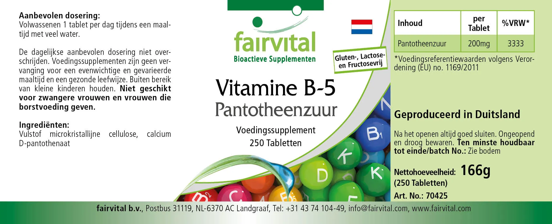 Vitamina B-5 ácido pantoténico 200mg - 250 comprimidos