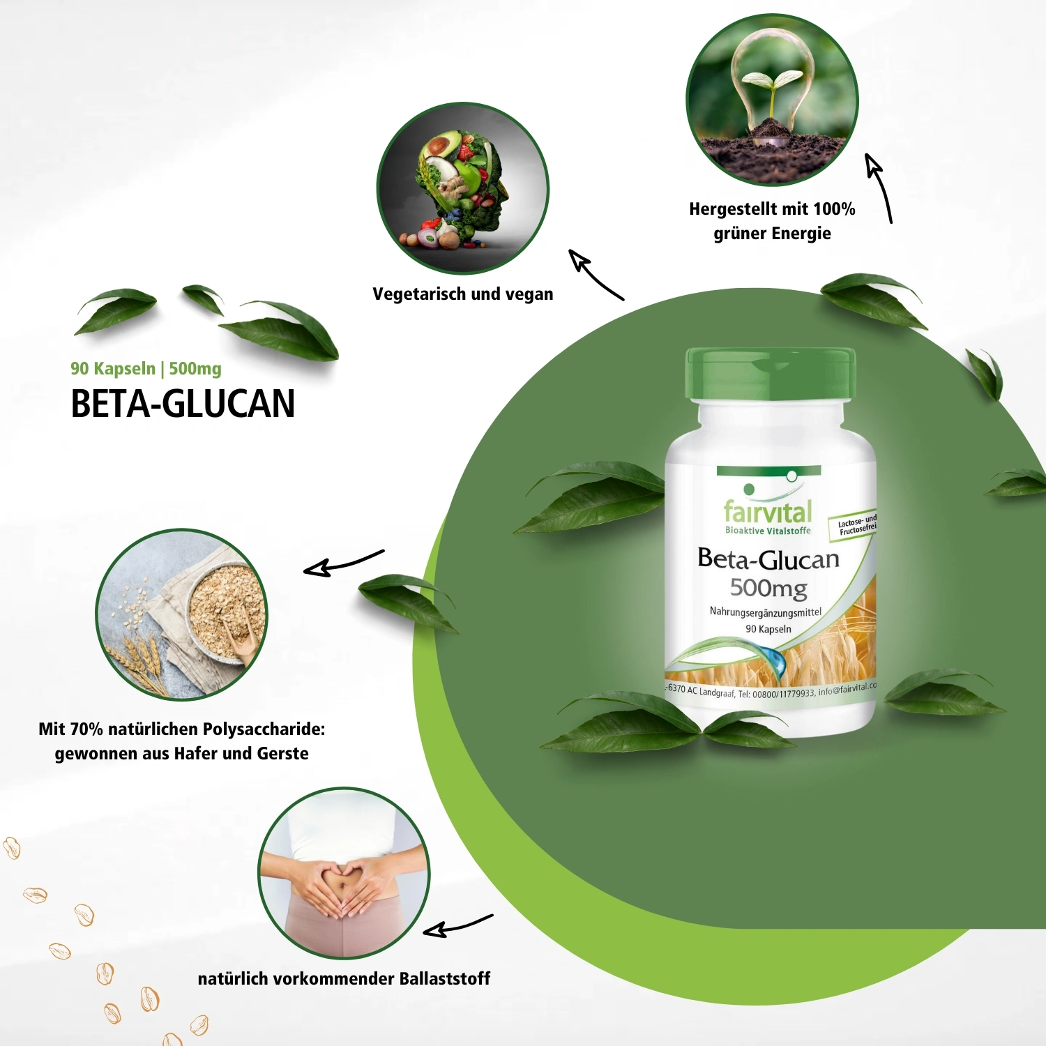 Beta-Glucan 500mg - 90 Kapseln - 70% Polysaccharide aus Hafer - Hochdosiert und Vegan | Fairvital