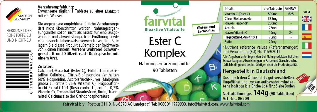 Ester C Komplex - 90 Tabletten - gepuffertes Vitamin C (magenfreundlich) - für Immunsystem, Kollagenbildung uvm. | Fairvital Ester C Komplex - 90 Tabletten - gepuffertes Vitamin C (magenfreundlich) - für Immunsystem, Kollagenbildung uvm. | Fairvital