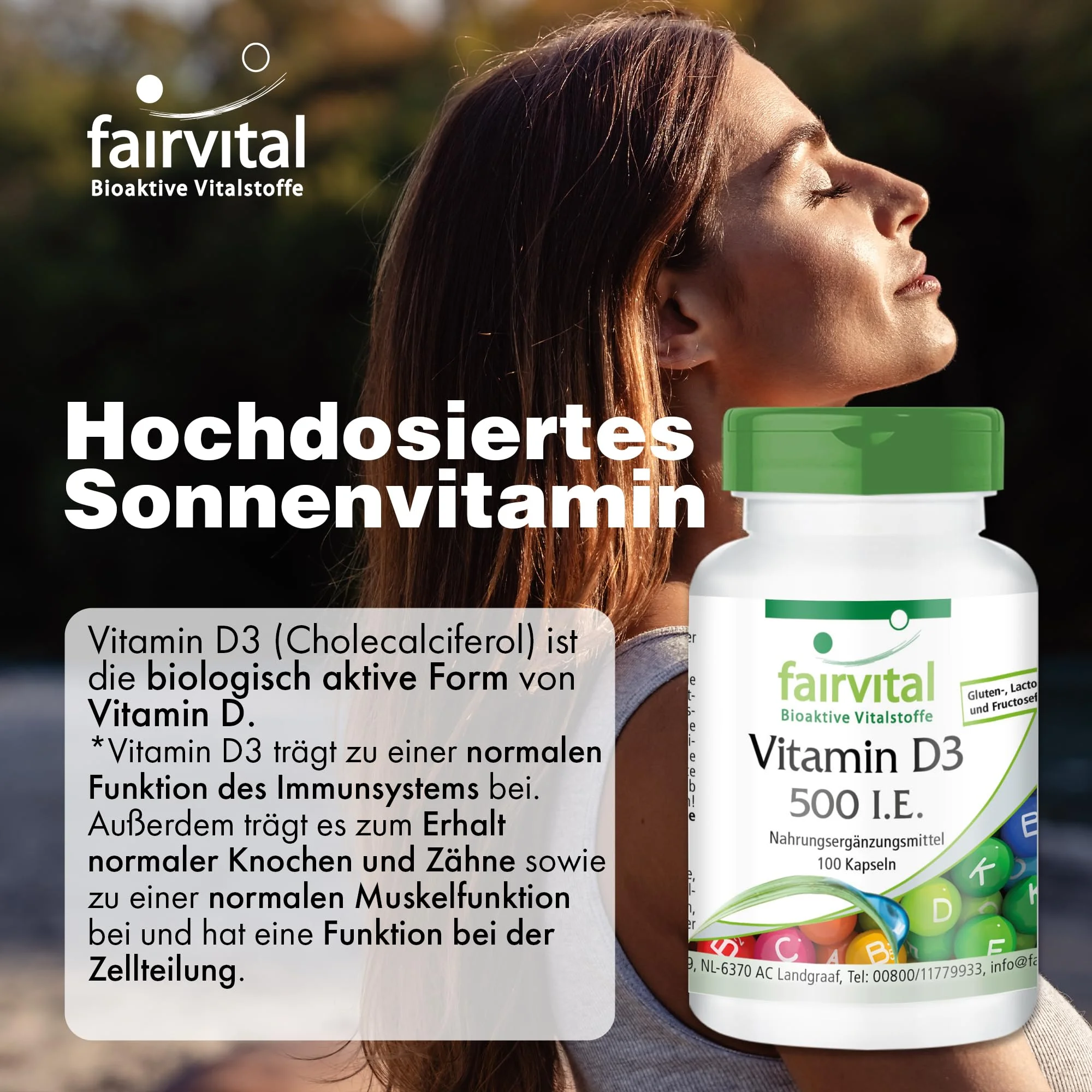 Vitamin D3 500 I.E. - 100 Kapseln - Schluckfreundlich - Für Immunsystem; Knochen; Muskelfunktion uvm. | Fairvital