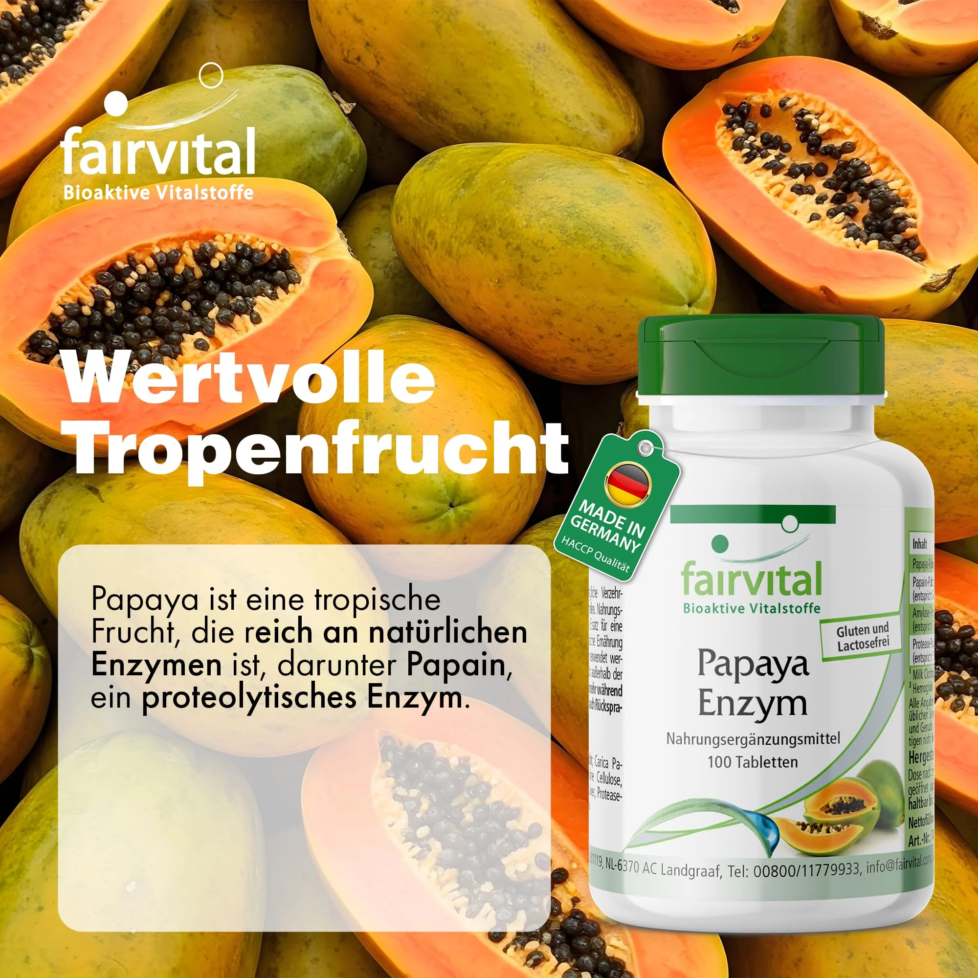 Papaya Enzym - 100 Tabletten - Schluckfreundlich - mit Papain; Amylase und Protease - Hochdosiert und Vegan | Fairvital