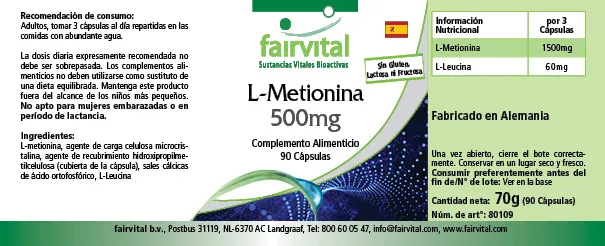L-Methionin 500mg - 90 Kapseln - Vegan | Fairvital L-Methionin 500mg - 90 Kapseln - Vegan | Fairvital