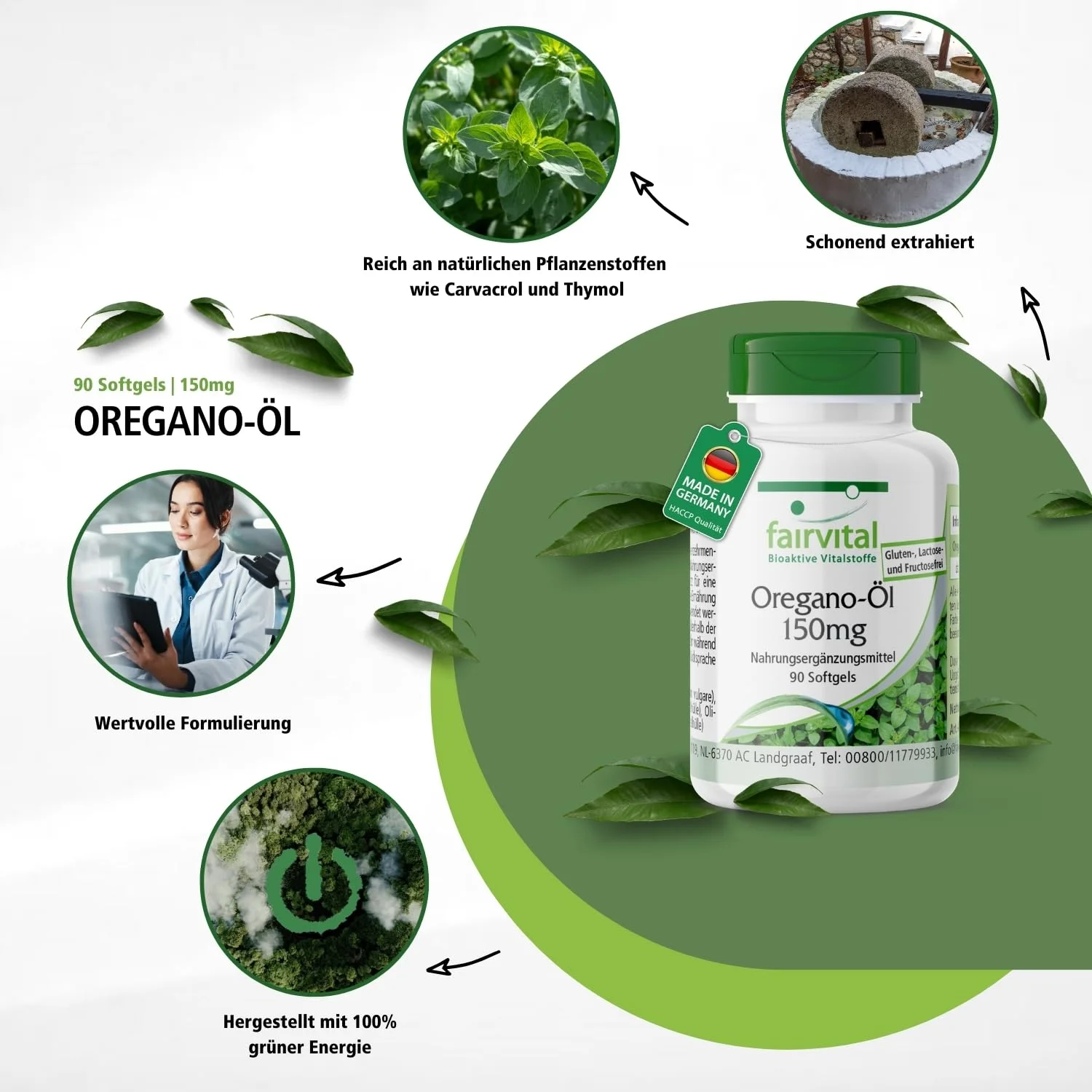 Oregano-Öl 150mg - 90 Softgels - Schluckfreundlich - Oregano Oil 10:1 Extrakt - Origanum vulgare - Hochdosiert | Fairvital