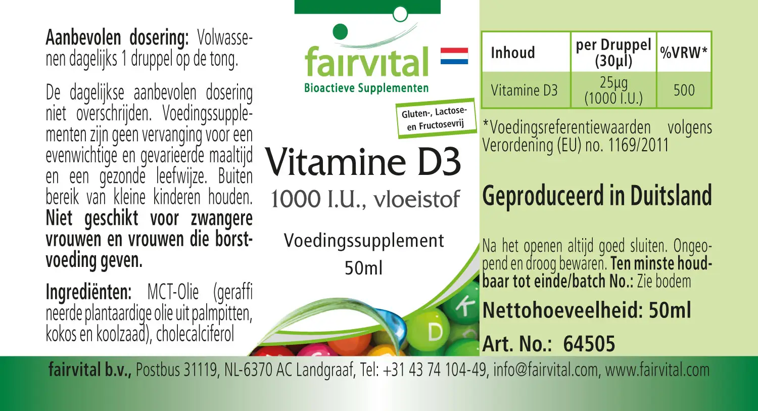 Vitamine D3 vloeistof - 1000 I.U. per druppel - 50ml