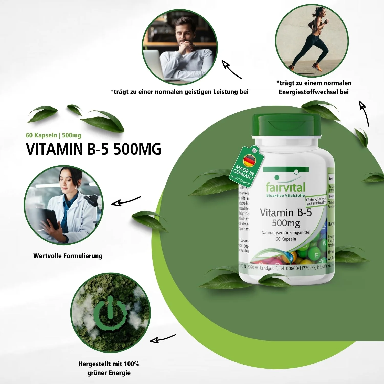 Vitamin B-5 500mg - 60 Kapseln - Pantothensäure - für geistige Leistung; gegen Müdigkeit - abgedeckter Bedarf | Fairvital