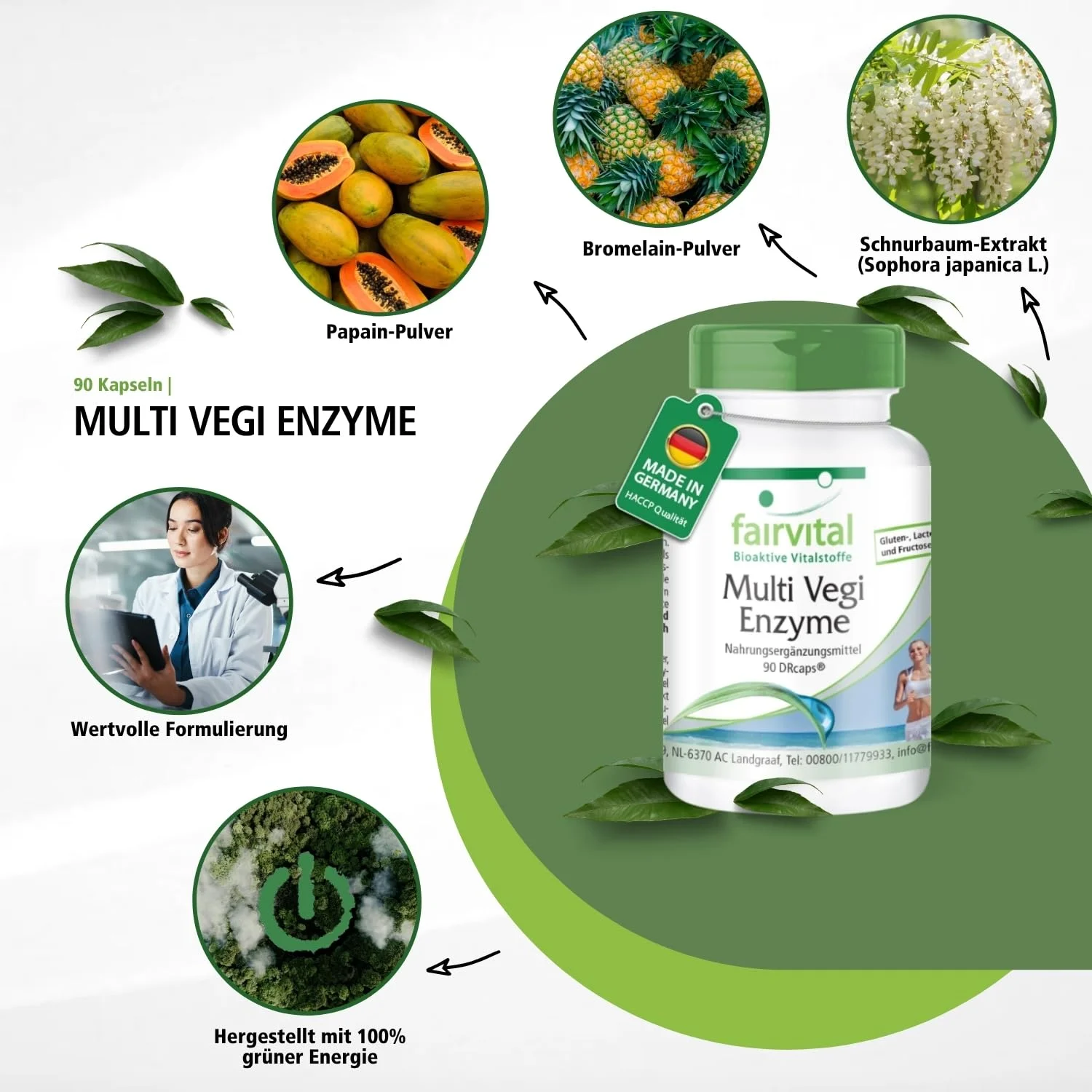 Multi Vegi Enzyme - 90 Kapseln (DRcaps) - Schluckfreundlich - 100% pflanzlicher Enzymkomplex mit Bromelain; Papain; Lipase; Rutin - Vegan | Fairvital