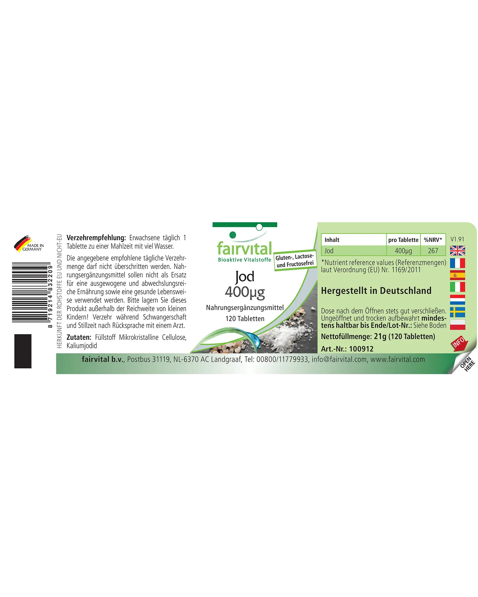 Iodio 400 µg - 120 compresse - oltre il 100% del fabbisogno - per la funzione tiroidea, la pelle, l’energia e altro - vegano | Fairvital