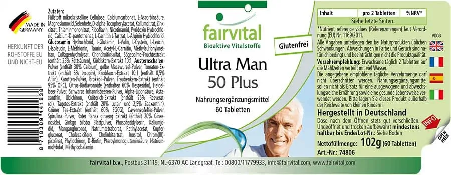 Ultra Man 50 Plus - 60 Tabletten - Multivitamin, Multimineral - für Immunsystem, Muskeln, Knochen uvm. | Fairvital Ultra Man 50 Plus - 60 Tabletten - Multivitamin, Multimineral - für Immunsystem, Muskeln, Knochen uvm. | Fairvital