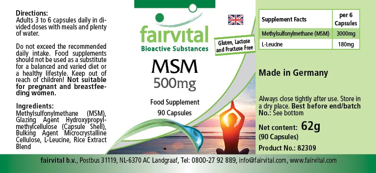 MSM 500mg - 90 Kapseln - Methylsulfonylmethan - Hochdosiert und Vegan | Fairvital MSM 500mg - 90 Kapseln - Methylsulfonylmethan - Hochdosiert und Vegan | Fairvital