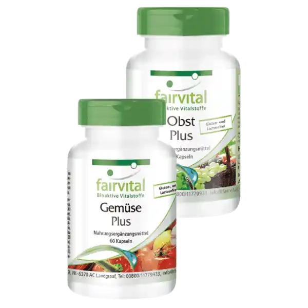 Obst und Gemüse Plus - 2 x 60 Kapseln, mit Cholin, Zink uvm.- für Fettstoffwechsel, Immunsystem uvm. | Fairvital Obst und Gemüse Plus - 2 x 60 Kapseln, mit Cholin, Zink uvm.- für Fettstoffwechsel, Immunsystem uvm. | Fairvital