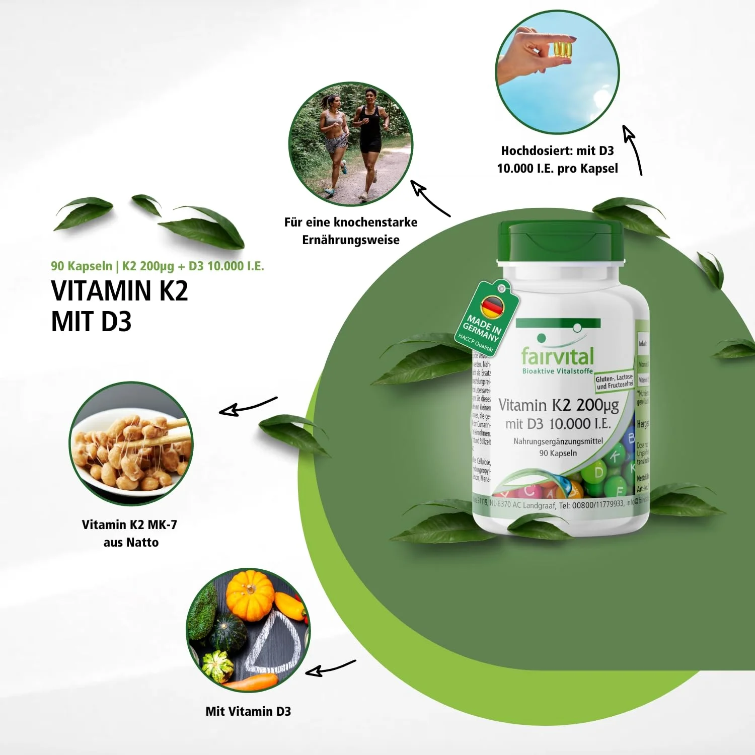 Vitamin K2 200µg mit D3 10000 I.E. - 90 Kapseln - Schluckfreundlich - Für Knochen; Blutgerinnung uvm. | Fairvital